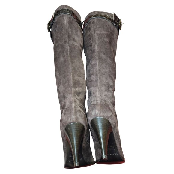 Max De Carlo Italian Knee-High Boots 7B Brown Suede & Leather Croc Embossed - Picture 8 of 11